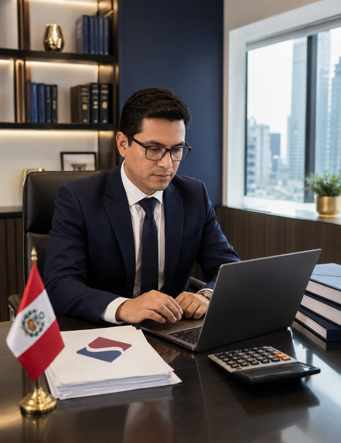 Contador peruano trabajando en una oficina ejecutiva