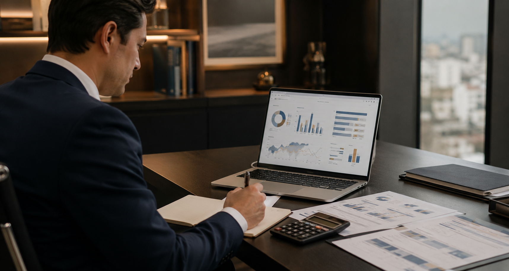Ejecutivo revisando indicadores contables y financieros en una laptop