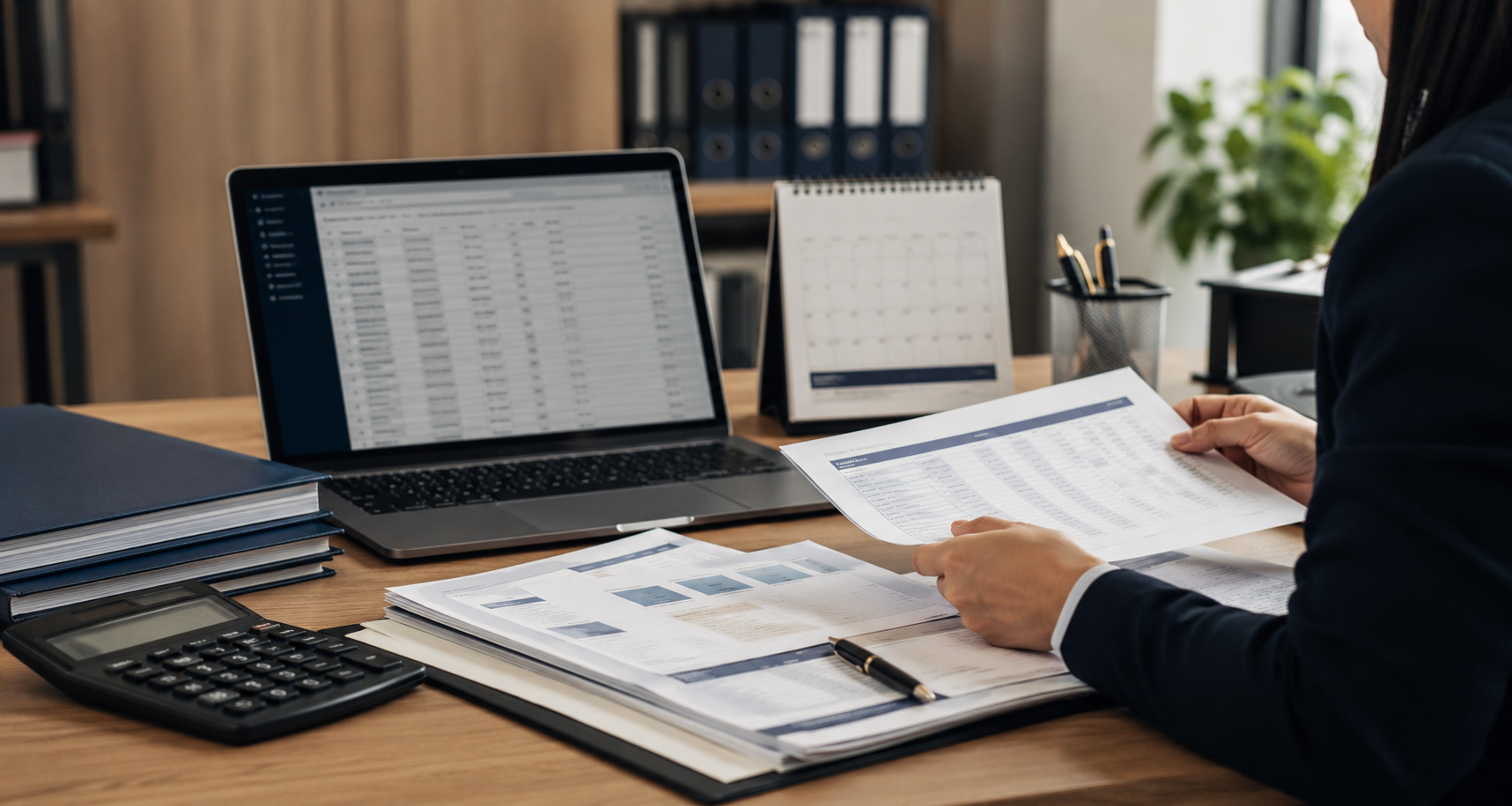 Revisión de reporte de planillas con laptop, calendario y calculadora